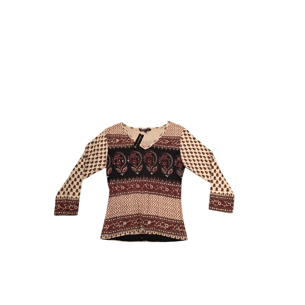 Chaudry LS Top V‎ Neck Patterned Knit Blouse Boho Chic Eclectic S